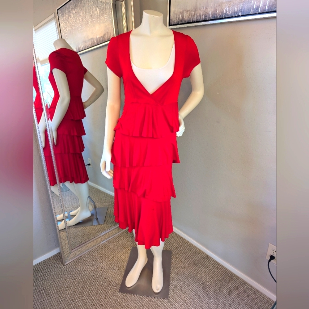 🔥 Aeschne Paris Bright Red Tiered Ruffled Skirt V-Neck Dress 🔥